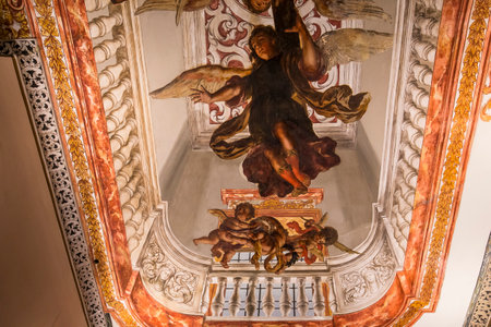 SEVILLE, ANDALUSIA, SPAIN, MAY, 25, 2017 : ceiling frescoe  of  hospital de los venerables church, may 25, 2017, in Seville, andalusia, spainのeditorial素材