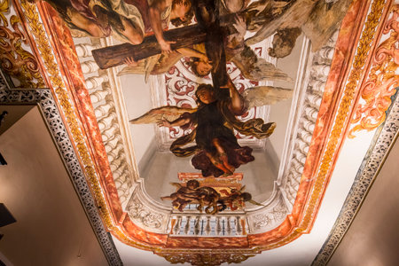 SEVILLE, ANDALUSIA, SPAIN, MAY, 25, 2017 : ceiling frescoe  of  hospital de los venerables church, may 25, 2017, in Seville, andalusia, spainのeditorial素材