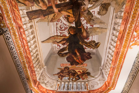 SEVILLE, ANDALUSIA, SPAIN, MAY, 25, 2017 : ceiling frescoe  of  hospital de los venerables church, may 25, 2017, in Seville, andalusia, spainのeditorial素材