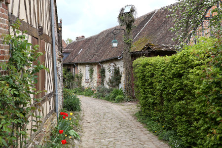 GERBEROY, FRANCE, APRIL 16,  2017 : old houses in typical Gerberoy village, april 16, 2017, in  Gerberoy, Oise, Franceのeditorial素材