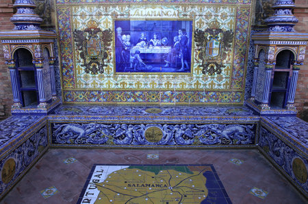 SEVILLE, ANDALUSIA, SPAIN, MAY 23, 2017 : ceramic azulejos in plaza de Espana, may 23, 2017, in Seville, andalusia, spainのeditorial素材