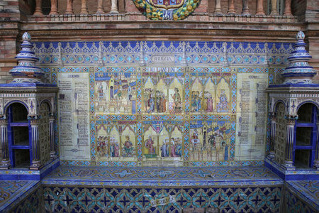 SEVILLE, ANDALUSIA, SPAIN, MAY 23, 2017 : ceramic azulejos in plaza de Espana, may 23, 2017, in Seville, andalusia, spainのeditorial素材