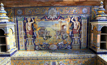 SEVILLE, ANDALUSIA, SPAIN, MAY 23, 2017 : ceramic azulejos in plaza de Espana, may 23, 2017, in Seville, andalusia, spainのeditorial素材