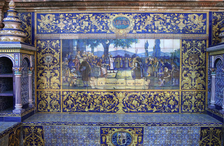 SEVILLE, ANDALUSIA, SPAIN, MAY 23, 2017 : ceramic azulejos in plaza de Espana, may 23, 2017, in Seville, andalusia, spainのeditorial素材