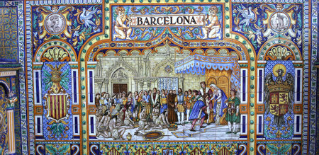 SEVILLE, ANDALUSIA, SPAIN, MAY 23, 2017 : ceramic azulejos in plaza de Espana, may 23, 2017, in Seville, andalusia, spainのeditorial素材