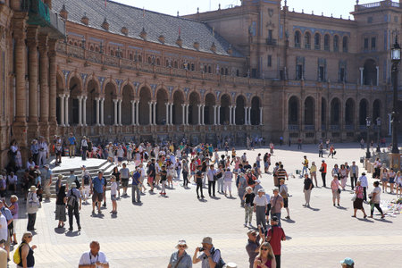 SEVILLE, ANDALUSIA, SPAIN, MAY 23, 2017 : architectural details of plaza de Espana, may 23, 2017, in Seville, andalusia, spainのeditorial素材