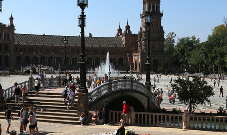 SEVILLE, ANDALUSIA, SPAIN, MAY 23, 2017 : architectural details of plaza de Espana, may 23, 2017, in Seville, andalusia, spainのeditorial素材