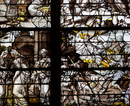 GISORS, FRANCE, APRIL 16  2017 : interiors and architectural details of St Gervais St Protais cathedral, april 16, 2017, in Gisors, Franceのeditorial素材