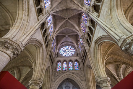 GISORS, FRANCE, APRIL 16  2017 : interiors and architectural details of St Gervais St Protais cathedral, april 16, 2017, in Gisors, Franceのeditorial素材
