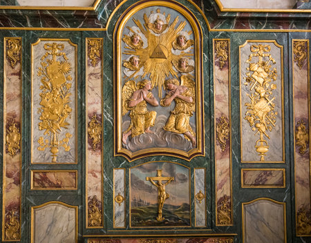 GISORS, FRANCE, APRIL 16  2017 : interiors and architectural details of St Gervais St Protais cathedral, april 16, 2017, in Gisors, Franceのeditorial素材