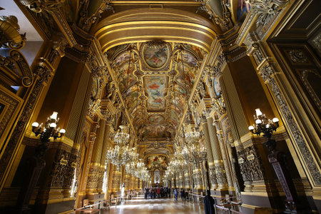 PARIS, FRANCE, MARCH 14, 2017 : interiors, frescoes and architectural details of the palais Garnier, Opera of Paris, march 14, 2017 in Paris, France.のeditorial素材