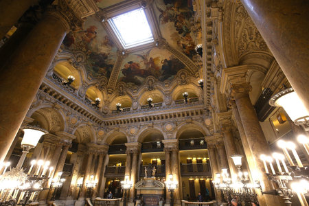 PARIS, FRANCE, MARCH 14, 2017 : interiors, frescoes and architectural details of the palais Garnier, Opera of Paris, march 14, 2017 in Paris, France.のeditorial素材