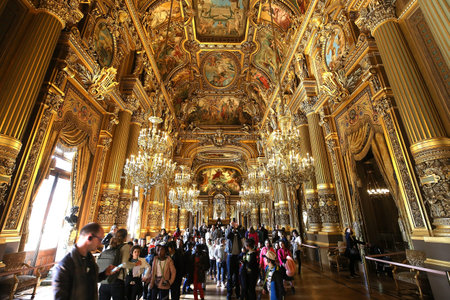 PARIS, FRANCE, MARCH 14, 2017 : interiors, frescoes and architectural details of the palais Garnier, Opera of Paris, march 14, 2017 in Paris, France.のeditorial素材