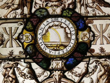 ECOUEN, FRANCE, APRIL 17,  2017 : Stained glass of Ecouen medieval castle, april 17, 2017, in  Ecouen, Franceのeditorial素材