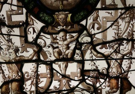 ECOUEN, FRANCE, APRIL 17,  2017 : Stained glass of Ecouen medieval castle, april 17, 2017, in  Ecouen, Franceのeditorial素材