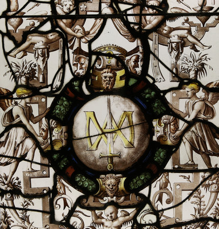 ECOUEN, FRANCE, APRIL 17,  2017 : Stained glass of Ecouen medieval castle, april 17, 2017, in  Ecouen, Franceのeditorial素材