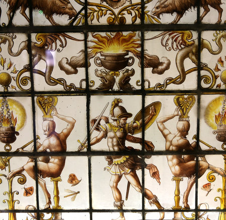 ECOUEN, FRANCE, APRIL 17,  2017 : Stained glass of Ecouen medieval castle, april 17, 2017, in  Ecouen, Franceのeditorial素材