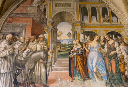 MONTE OLIVETO, ITALY, JUNE 15, 2016 : interiors and frescoes of Monte Oliveto Maggiore abbey, june 15, 2016, near Siena, Tuscany, Italyのeditorial素材