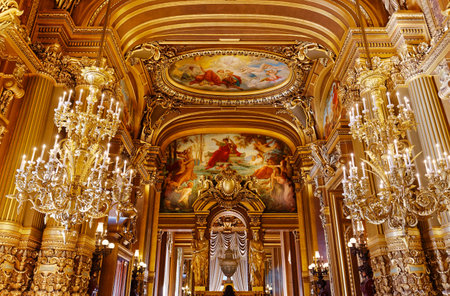 PARIS, FRANCE, MARCH 14, 2017 : interiors, frescoes and architectural details of the palais Garnier, Opera of Paris, march 14, 2017 in Paris, France.のeditorial素材