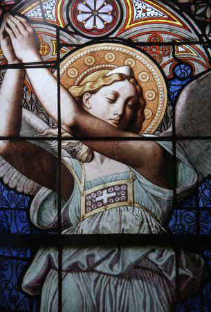 PARIS, FRANCE, DECEMBER 1, 2015 : Stained glass notre dame compassion church, December 11, 2015 in Paris, France.のeditorial素材