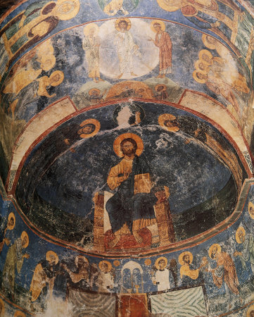 PSKOV, RUSSIA, APRIL 02, 2015 : byzantine mosaic in Mirozhsky Monastery, by anymous artist, april 02, 2015,  in  Pskov, Russiaのeditorial素材