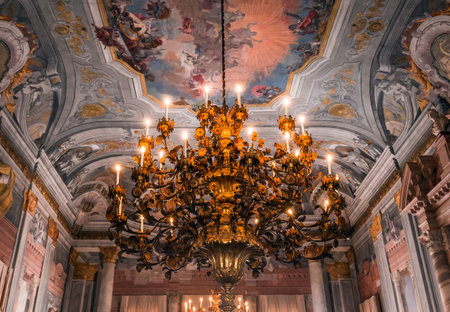 VENICE, ITALY, APRIL 22, 2018 : interiors decor, ceilings and frescoes of Ca'Rezzonico palace, april 22, 2018,  in Venice, italyのeditorial素材