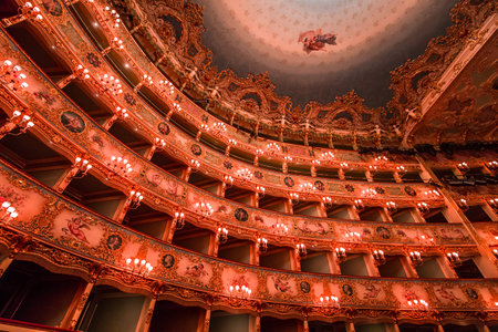VENICE, ITALY , APRIL 24, 2018 : interiors and architectural details of Teatro la Fenice, Venice opera house, april 24, 2018,  in  Venice, Italy.のeditorial素材