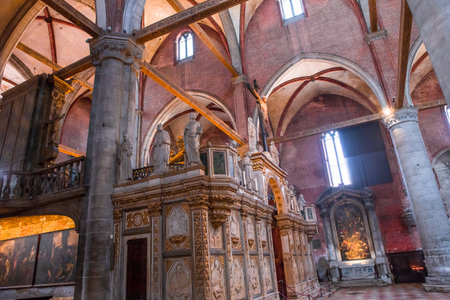 VENICE, ITALY, APRIL 22, 2018 : interiors and details of basilica Santa Maria gloriosa dei Frari, april 22, 2018,  in Venice, italyのeditorial素材