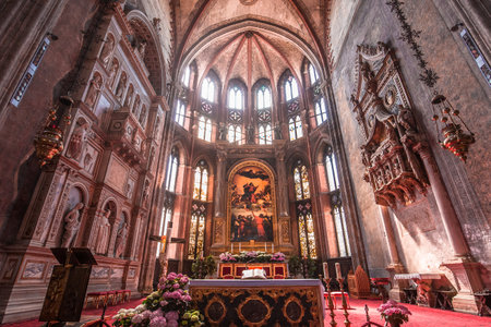 VENICE, ITALY, APRIL 22, 2018 : interiors and details of basilica Santa Maria gloriosa dei Frari, april 22, 2018,  in Venice, italyのeditorial素材