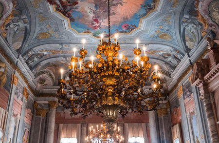 VENICE, ITALY, APRIL 22, 2018 : Murano chandelier in of Ca Rezzonico palace, april 22, 2018,  in Venice, italyのeditorial素材