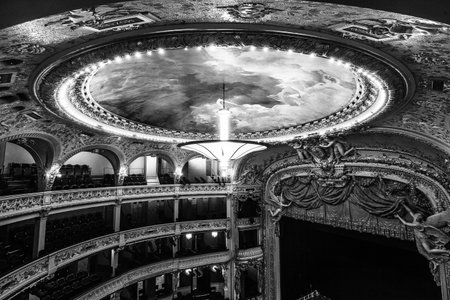 PARIS, FRANCE, SEPTEMBER 15, 2018 : interiors, frescoes and architectural details of the Opera comique, september 15, 2018 in Paris, France.のeditorial素材