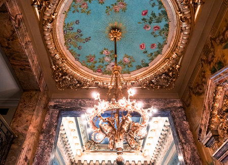 PARIS, FRANCE, SEPTEMBER 15, 2018 : interiors, frescoes and architectural details of the Opera comique, september 15, 2018 in Paris, France.のeditorial素材