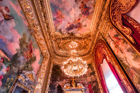 PARIS, FRANCE, SEPTEMBER 15, 2018 : interiors, frescoes and architectural details of the Opera comique, september 15, 2018 in Paris, France.のeditorial素材