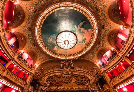 PARIS, FRANCE, SEPTEMBER 15, 2018 : interiors, frescoes and architectural details of the Opera comique, september 15, 2018 in Paris, France.のeditorial素材