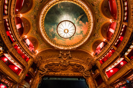 PARIS, FRANCE, SEPTEMBER 15, 2018 : interiors, frescoes and architectural details of the Opera comique, september 15, 2018 in Paris, France.のeditorial素材