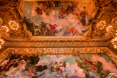 PARIS, FRANCE, SEPTEMBER 15, 2018 : interiors, frescoes and architectural details of the Opera comique, september 15, 2018 in Paris, France.のeditorial素材