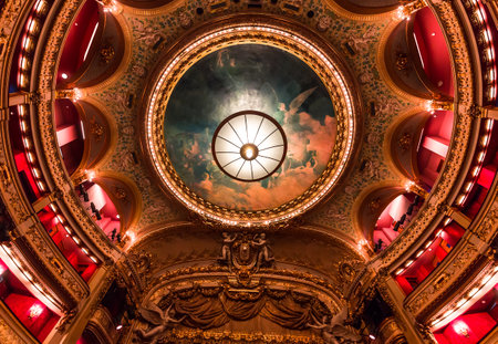 PARIS, FRANCE, SEPTEMBER 15, 2018 : interiors, frescoes and architectural details of the Opera comique, september 15, 2018 in Paris, France.のeditorial素材