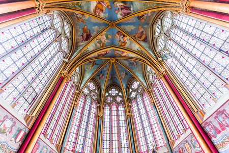 CHAALIS, FRANCE, JULY 24, 2016 : stained glass and frescoes by Primatice, Chaalis chapel, july 24, 2016 in Chaalis, Franceのeditorial素材