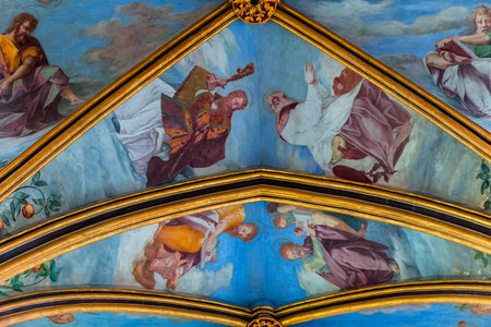 CHAALIS, FRANCE, JULY 24, 2016 : stained glass and frescoes by Primatice, Chaalis chapel, july 24, 2016 in Chaalis, Franceのeditorial素材