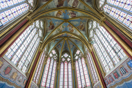 CHAALIS, FRANCE, JULY 24, 2016 : stained glass and frescoes by Primatice, Chaalis chapel, july 24, 2016 in Chaalis, Franceのeditorial素材
