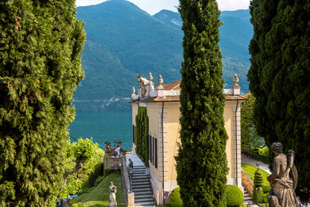 LENNO, ITALY, JUNE 04, 2019 : exteriors of villa del Balbianello, on lake Como, june 04, 2019, in Lenno, italyのeditorial素材