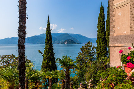 VARENNA, ITALY, JUNE 05, 2019 : exteriors and gardens of villa Monastero, on lake Como, june 05, 2019, in Varenna, italyのeditorial素材