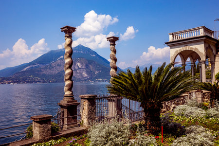 VARENNA, ITALY, JUNE 05, 2019 : exteriors and gardens of villa Monastero, on lake Como, june 05, 2019, in Varenna, italyのeditorial素材