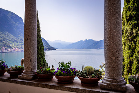 VARENNA, ITALY, JUNE 05, 2019 : exteriors and gardens of villa Monastero, on lake Como, june 05, 2019, in Varenna, italyのeditorial素材
