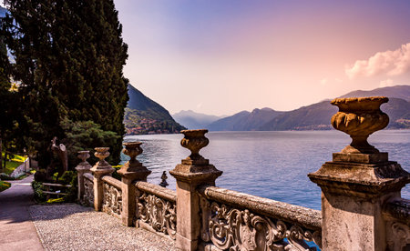 VARENNA, ITALY, JUNE 05, 2019 : exteriors and gardens of villa Monastero, on lake Como, june 05, 2019, in Varenna, italyのeditorial素材