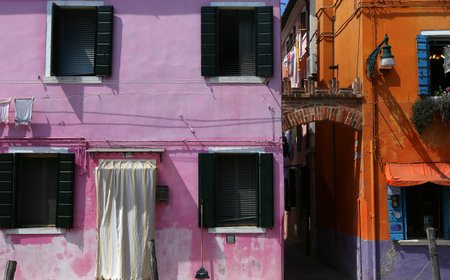 BURANO, ITALY, APRIL 24, 2018 : colorful houses in the island of Burano, april 24, 2018,  in Burano, Venice, italyのeditorial素材