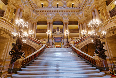 PARIS, FRANCE, MARCH 14, 2017 : big staircase and architectural details of the palais Garnier, Opera of Paris, march 14, 2017 in Paris, France.のeditorial素材