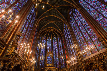 PARIS, FRANCE, MAY 19, 2018 : Interiors and architectural details of the Sainte Chapelle church, built in 1239, may 19, 2018 in Paris, France.のeditorial素材