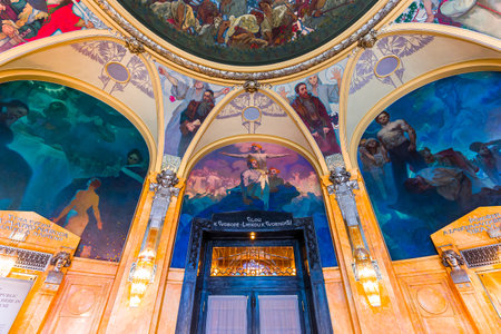 PRAGUE, CZECH REPUBLIC, SEPTEMBER 12 : Art deco interiors of the municipal house, Obecni Dum, september 12, 2019 in Prague, czech republicのeditorial素材