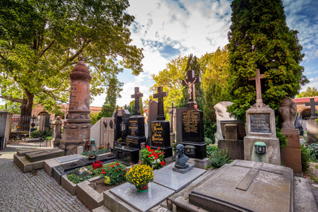 PRAGUE, CZECH REPUBLIC, SEPTEMBER 12 : grave tomb in Vysehrad cemetery, september 12, 2019 in Prague, czech republicのeditorial素材